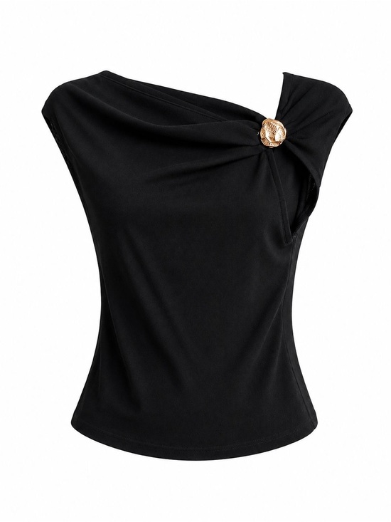 Galita Tops - Black Asymmetrical One-Shoulder Top with Gold Button